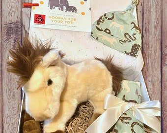 Giddy up Bamboo Swaddle Knotted Gown & Hat Newborn Baby Gift Set-Newborn Baby Gift Set-Stuffed Horse -3 pc Western Baby Gift Set-Shower Gift