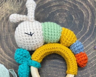 Caterpillar Crochet Baby Rattle /Teether Handmade Gift,Soothing & Sensory Development Baby Toy, Hungry Caterpillar Themed Baby Shower Gift