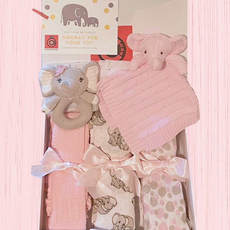 Elephant Baby Girl Gift Set: Muslin Swaddles, Knit Rattle & Lovey - Etsy