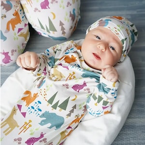 Forest Woodland Bamboo Swaddle Knotted Gown,Hat & Deer Rattle Newborn Baby Gift Set-Newborn Baby Box Gift -Forest Animal 3pc Baby Gift Set