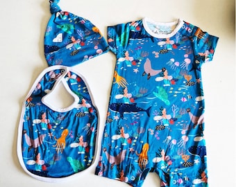 3 pc Newborn Baby Gift Set Ocean Print Bamboo Baby Onesie,Bib & Knot Hat-Nautical Beach Baby Clothes Set-Under the Sea Baby Shower Gift Set