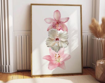 Hibiscus & Lily Wall Art Print, Tropical Flower Digital Download, Boho Botanical Print, Modern Floral Decor, Printable Art, Flower Poster