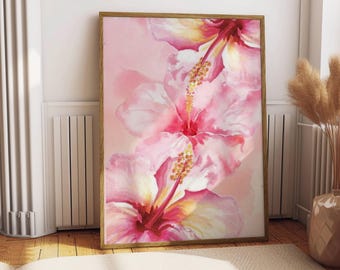 Hibiscus & Lily Wall Art Print, Tropical Flower Digital Download, Boho Botanical Print, Modern Floral Decor, Printable Art, Flower Poster