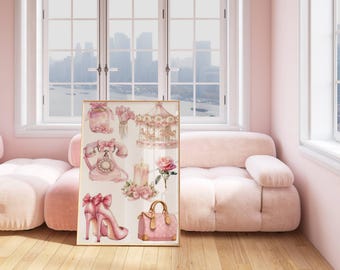 Pink Girly Print Poster Luxury Fashion Designer Bow Bag Bouquet Flowers Shoes Coquette Wall Art Poster Decor Designer Print DIGITAL DOWNLOAD