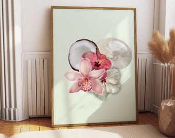 Hibiscus & Lily Wall Art Print, Tropical Flower Digital Download, Boho Botanical Print, Modern Floral Decor, Printable Art, Flower Poster