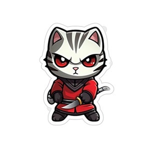 May include: A sticker of a cartoon cat dressed as a ninja, with a red outfit and a silver and gold knife. The cat has a white face with grey stripes, red eyes, and an angry expression. The sticker has a white border.