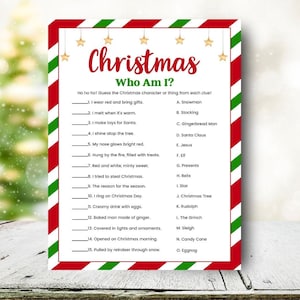 May include: A Christmas-themed game sheet with a red and green striped border. The title "Christmas Who Am I?" is in a festive font. The game includes clues to guess Christmas characters and objects.