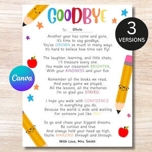 Carta de fin de curso editable para estudiantes, carta de despedida del profesor, regalo del profesor, plantilla de carta para el último día de clases, ESY001