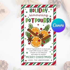 Pode incluir: Cartão de receita de potpourri de Natal com borda vermelha e verde. O cartão apresenta ilustrações de fatias de laranja, paus de canela e vegetação. O texto inclui "Holiday Simmering Potpourri" e "Merry Christmas!"
