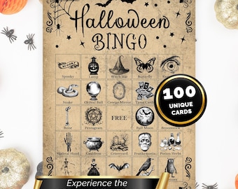 Puede incluir: Una tarjeta de juego de Bingo de Halloween con un fondo de papel vintage. La tarjeta presenta una cuadrícula de imágenes y palabras con temas de Halloween, que incluyen un sombrero de bruja, una serpiente y una luna llena. La tarjeta también tiene el texto "Halloween Bingo" y "100 cartas únicas."