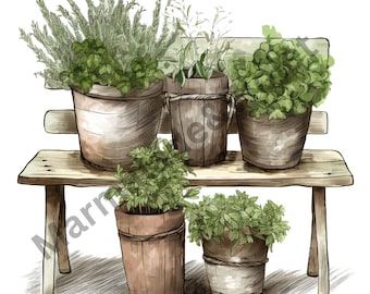May include: Five potted plants, including rosemary, basil, and mint, are arranged on a wooden bench. The plants are in various sizes and shapes of brown pots.