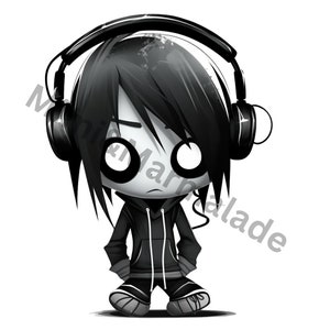 May include: Black and white illustration of a cartoon character wearing headphones and a hooded sweatshirt. The character has large eyes and a serious expression.