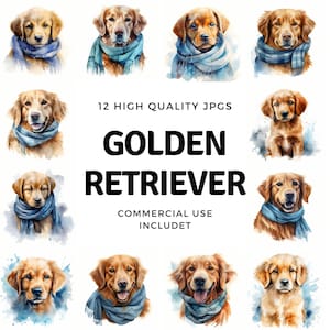 Golden Retriever clipart - 12 High Quality JPGs - instant Download - Card Making, invitations, journals, Scrapbooking, Junk journals