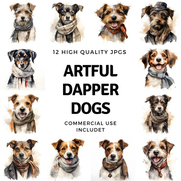 Artful dapper dog clipart - 12 High Quality JPGs - instant Download - Card Making, invitations, journals, Scrapbooking, Junk journals