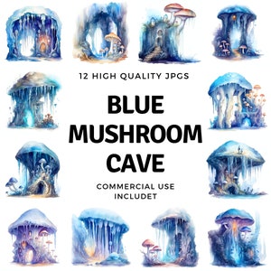 Clipart della grotta dei funghi blu - 12 JPG di alta qualità - Download istantaneo - Creazione di carte, inviti, riviste, Scrapbooking, riviste spazzatura