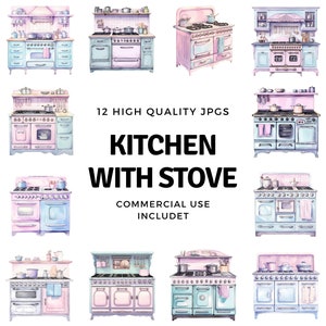 kitchen with stove clipart - 12 High Quality JPGs - instant Download - Card Making, invitations, journals, Scrapbooking, Junk journals