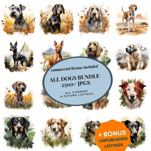 All Dogs Bundle, Unlimited Lifetime Shop Access, Mega Watercolor Clipart Bundle, All Current And Future Designs, Commercial Use