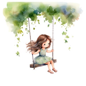 little girl on tree swing clipart - 12 High Quality JPGs - instant Download - Card Making, invitations, journals, Scrapbooking