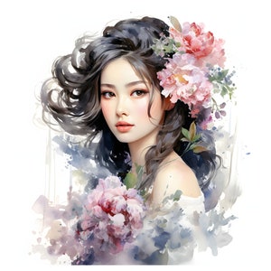 Chinese flower girl clipart - 12 High Quality JPGs - instant Download - Card Making, invitations, journals, Scrapbooking, Junk journals
