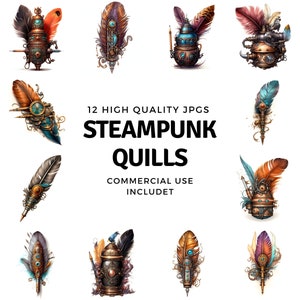 Steampunk quills clipart - 12 High Quality JPGs - instant Download - Card Making, invitations, journals, Scrapbooking, Junk journals