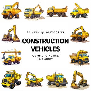 construction vehicles clipart - 12 High Quality JPGs - instant Download - Card Making, invitations, journals, Scrapbooking, Junk journals