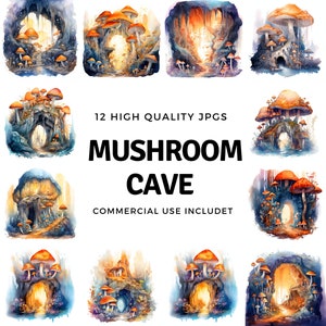 Caverna de cogumelo laranja luz clipart aquarela de cogumelo para scrapbooking e revistas de lixo Arte de caverna de cogumelo ilustração de luz âmbar