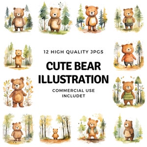 cute bear illustration  clipart - 12 High Quality JPGs - instant Download - Card Making, invitations, journals, Scrapbooking, Junk journals