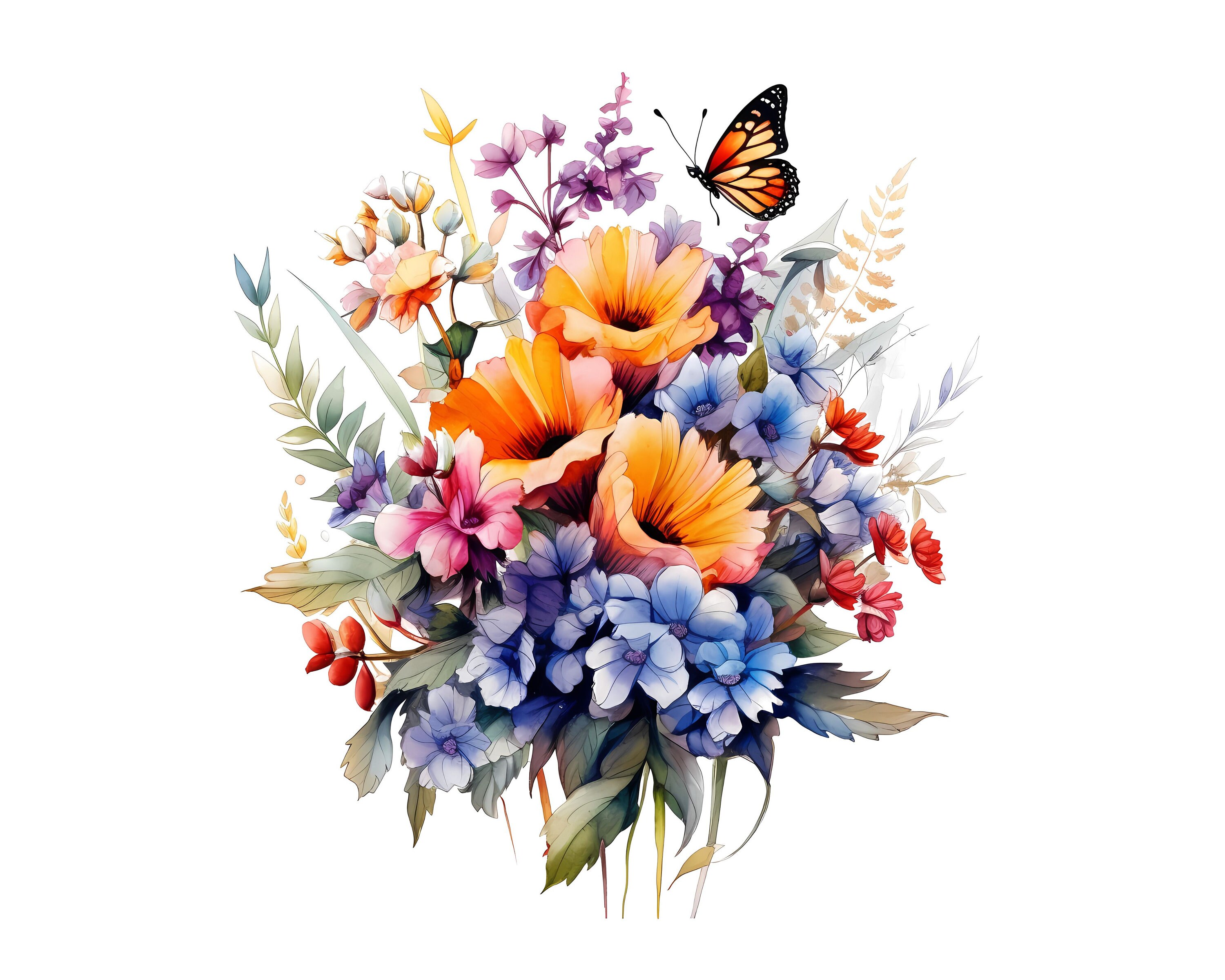 Wildflower Bouquet Watercolor Clipart Stunning Floral Etsy