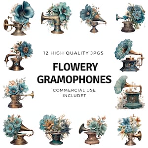 Gramophone clipart - 12 High Quality JPGs - instant Download - Card Making, invitations, journals, Scrapbooking, Junk journals