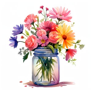 Mason Jar Flowers clipart - 12 High Quality JPGs - instant Download - Card Making, invitations, journals, Scrapbooking, Junk journals