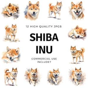Clipart Shiba Inu - 12 JPGs de alta qualidade - download instantâneo - Criação de cartões, convites, diários, scrapbooking, diários indesejados