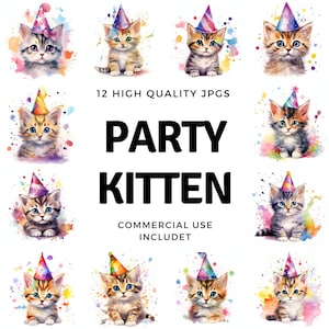 Party kitten clipart - 12 High Quality JPGs - instant Download - Card Making, invitations, journals, Scrapbooking, Junk journals