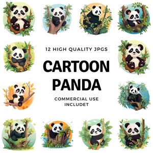 cartoon panda clipart - 12 High Quality JPGs - instant Download - Card Making, invitations, journals, Scrapbooking, Junk journals