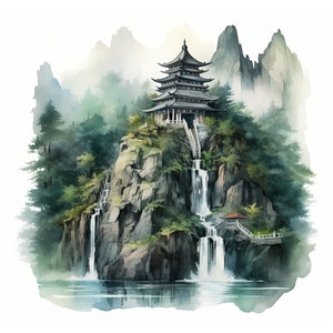 Lost Mountain Temple clipart - 12 High Quality JPGs - instant Download - Card Making, invitations, journals, Scrapbooking, Junk journals
