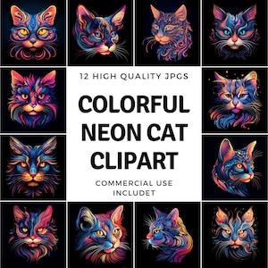 colorful neon cat clipart - 12 High Quality JPGs - instant Download - Card Making, invitations, journals, Scrapbooking, Junk journals