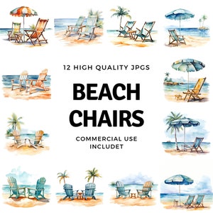 beach chairs clipart - 12 High Quality JPGs - instant Download - Card Making, invitations, journals, Scrapbooking, Junk journals