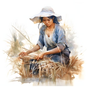 Woman harvesting rice clipart - 12 High Quality JPGs - instant Download - Card Making, invitations, journals, Scrapbooking, Junk journals