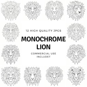monochrome lion clipart - 12 High Quality JPGs - instant Download - Card Making, invitations, journals, Scrapbooking, Junk journals