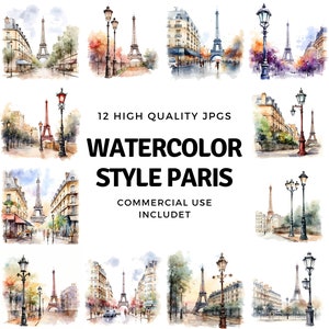 watercolor style Paris clipart - 12 High Quality JPGs - instant Download - Card Making, invitations, journals, Scrapbooking, Junk journals