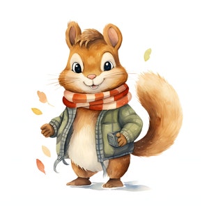 Cute squirrel wearing jacket and scarf clipart - 12 High Quality JPGs - instant Download - Card Making, invitations, journals, Scrapbooking