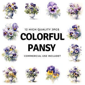 Pansy in a vase clipart - 12 High Quality JPGs - instant Download - Card Making, invitations, journals, Scrapbooking, Junk journals