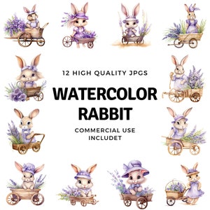 watercolor rabbit clipart - 12 High Quality JPGs - instant Download - Card Making, invitations, journals, Scrapbooking, Junk journals