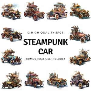 Steampunk car clipart - 12 High Quality JPGs - instant Download - Card Making, invitations, journals, Scrapbooking, Junk journals