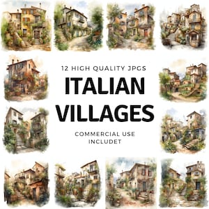 Italian village clipart - 12 High Quality JPGs - instant Download - Card Making, invitations, journals, Scrapbooking, Junk journals