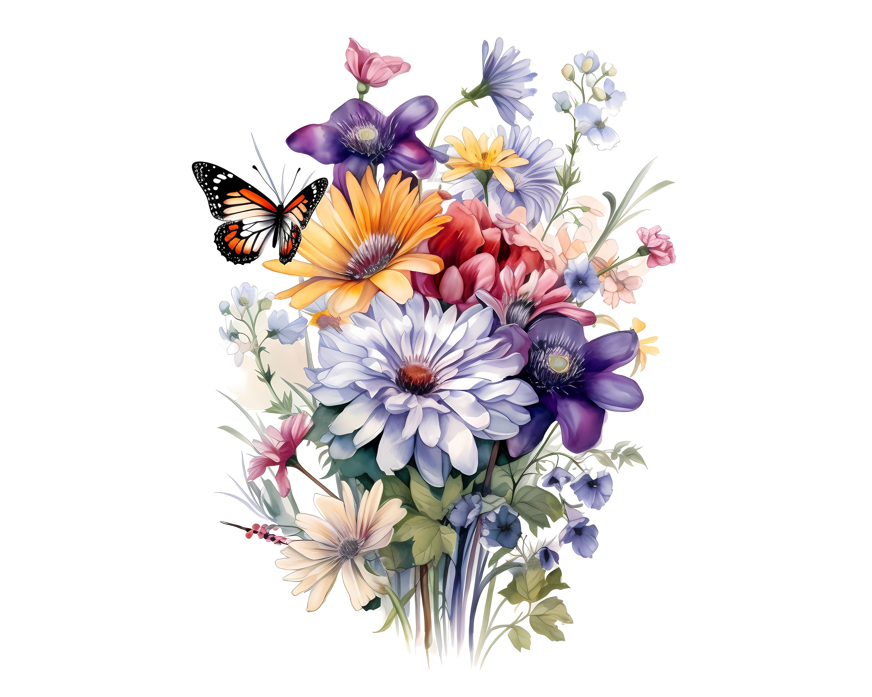 Wildflower Bouquet Watercolor Clipart Stunning Floral Etsy