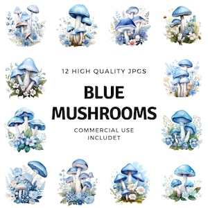 blue mushrooms clipart - 12 High Quality JPGs - instant Download - Card Making, invitations, journals, Scrapbooking, Junk journals