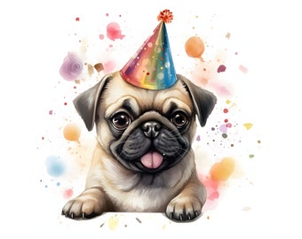 Party Pug clipart - 12 High Quality JPGs - instant Download - Card Making, invitations, journals, Scrapbooking, Junk journals