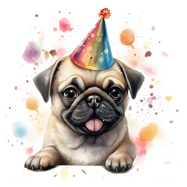 Party Pug clipart - 12 High Quality JPGs - instant Download - Card Making, invitations, journals, Scrapbooking, Junk journals