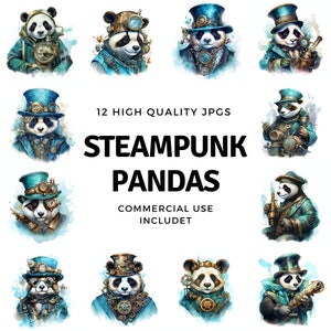 Clipart Steampunk Panda - 12 JPGs de alta qualidade - download instantâneo - Criação de cartões, convites, diários, scrapbooking, diários indesejados