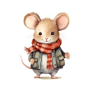Lindo ratón con chaqueta y bufanda clipart - 12 JPG de alta calidad - Descarga instantánea - Fabricación de tarjetas, invitaciones, diarios, Scrapbooking